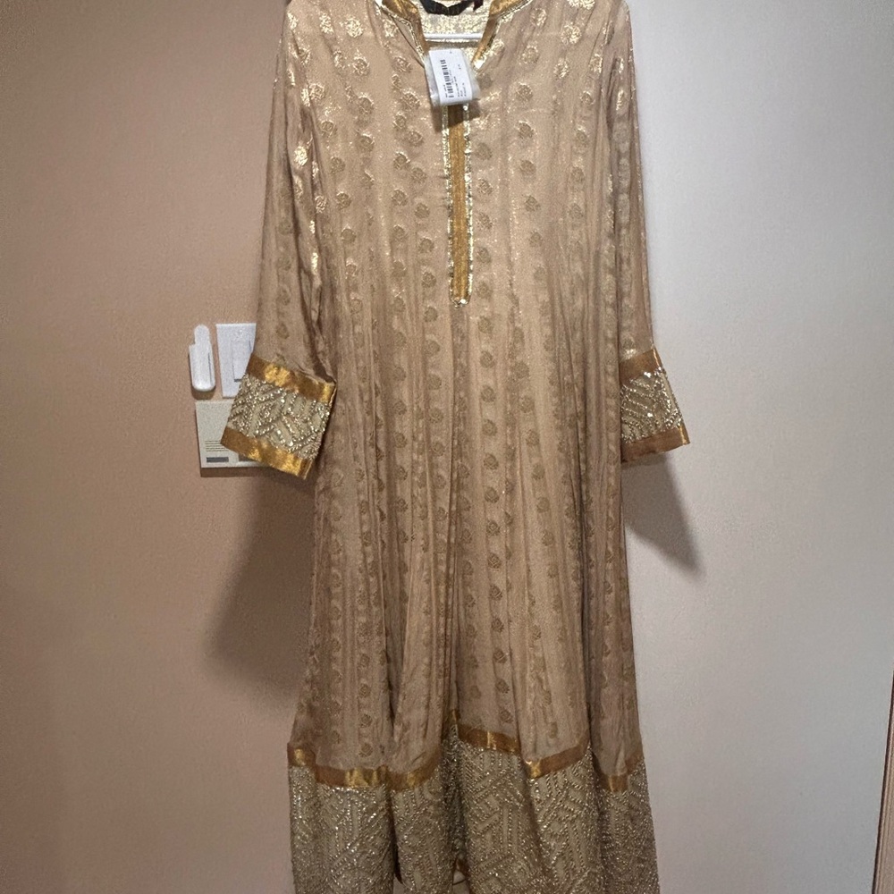 Elegant Gold and Tan Embroidered Anarkali